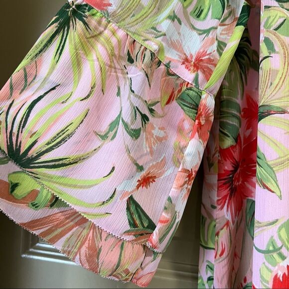 J.Jill Pink Green Tropical Floral Tunic Top Spring Summer Blouse Size L - Picture 5 of 9